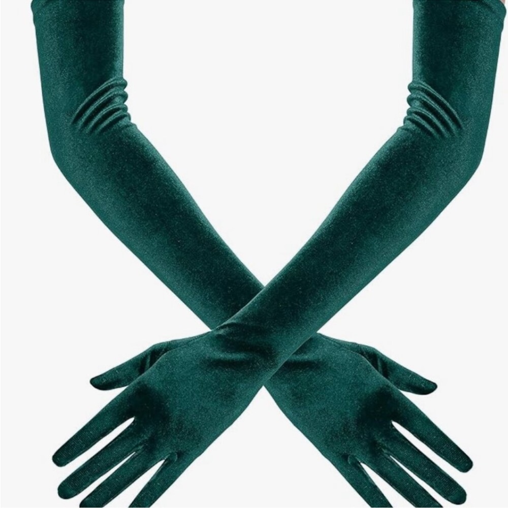 Velvet Tea Party Elbow Gloves Green New - Picture 5 of 7